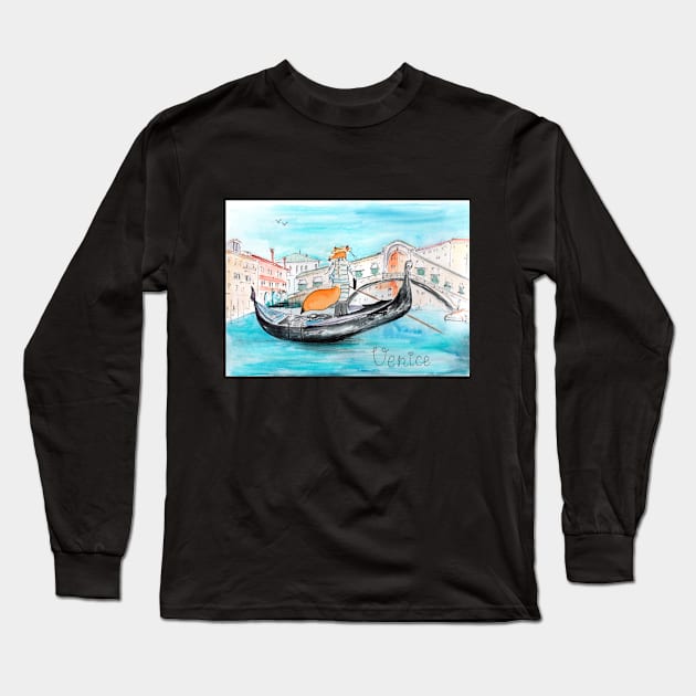 Fox in Venice as Gondolier Long Sleeve T-Shirt by Elena Ehrenberg